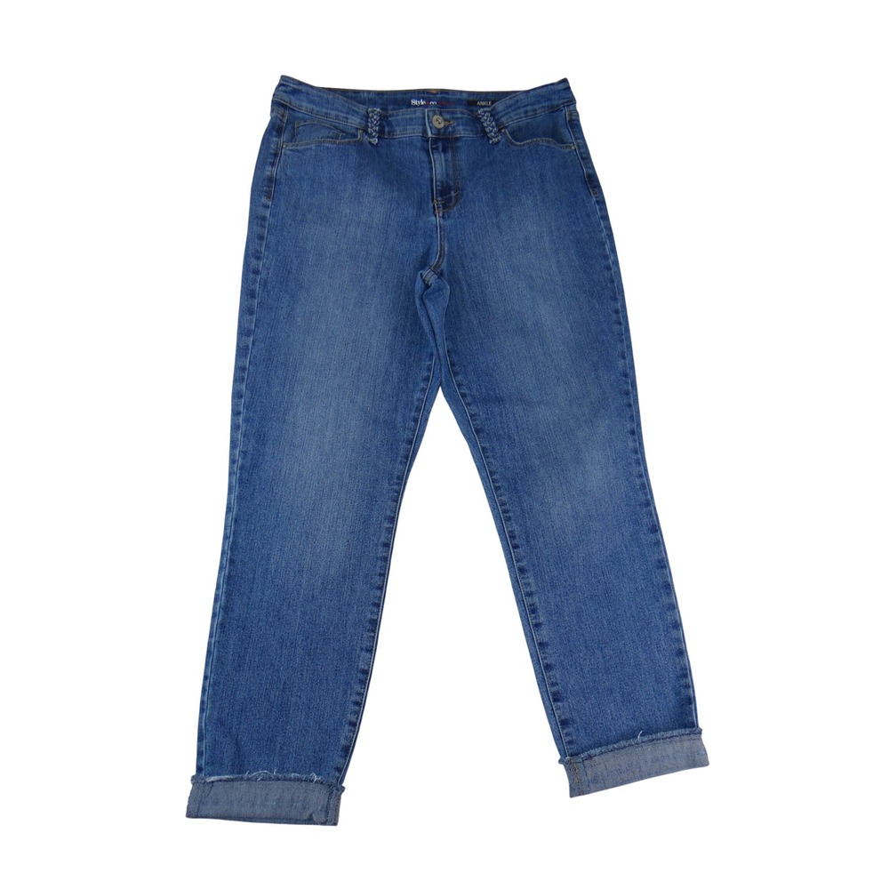 Style & Co Ankle Jeans Womens 12 Blue Medium Wash Braided Loops Cuffed Raw Hem